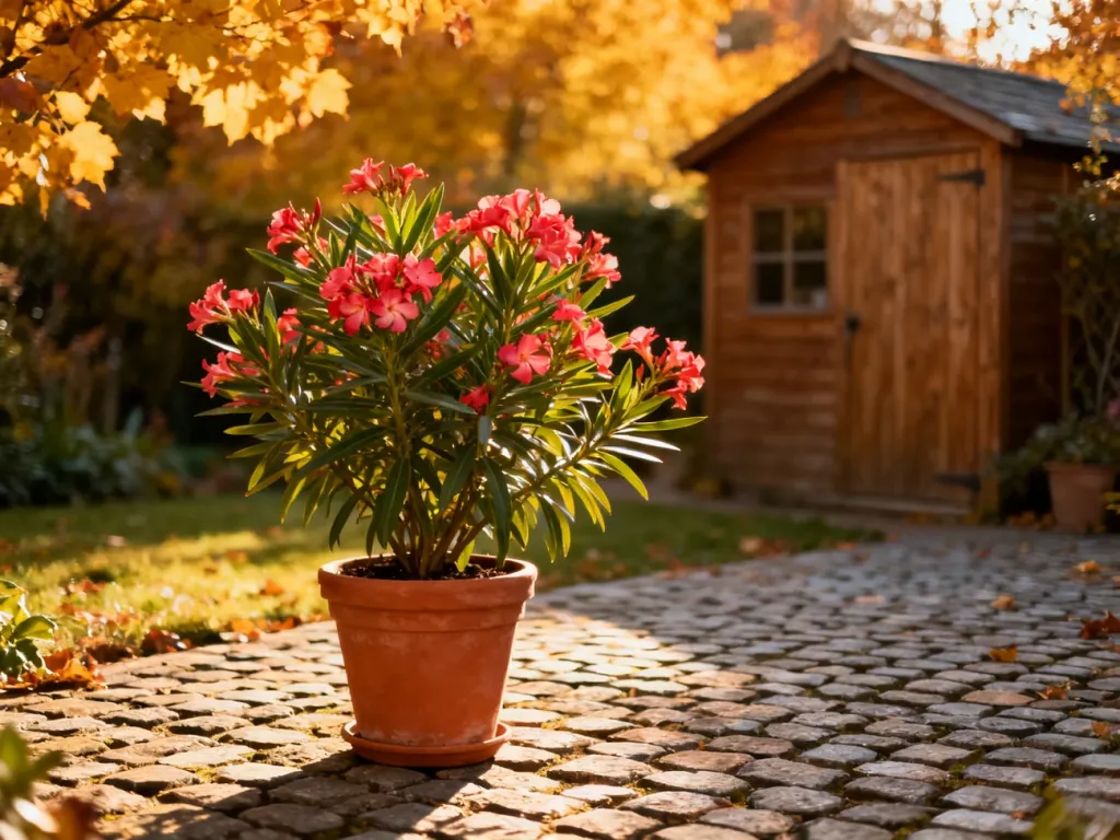 Kwitnący oleander w donicy na tarasie w otoczeniu jesiennego ogrodu. Roślina przygotowana do przeniesienia do wnętrza.