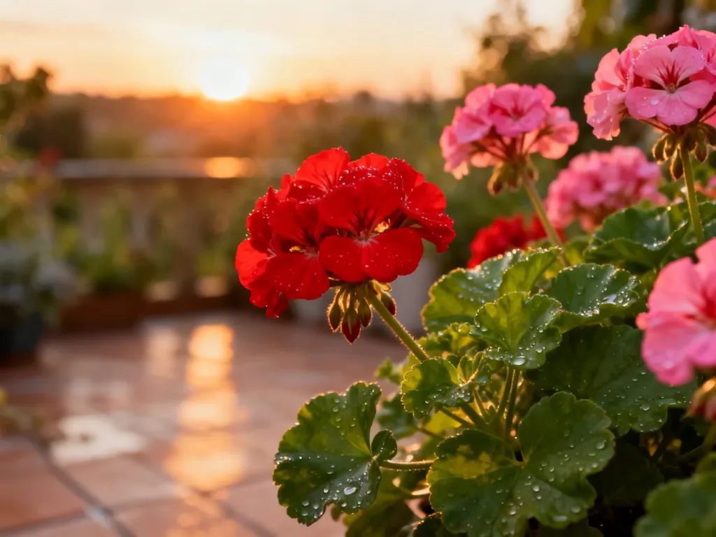 Zbliżenie na kwitnące czerwone i różowe pelargonie z kroplami rosy na liściach, oświetlone ciepłym światłem zachodzącego słońca.