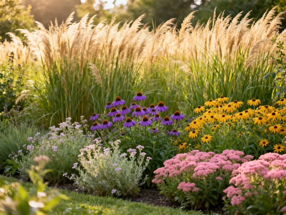 Naturalistyczna rabata z trawami ozdobnymi, jeżówkami i rudbekiami