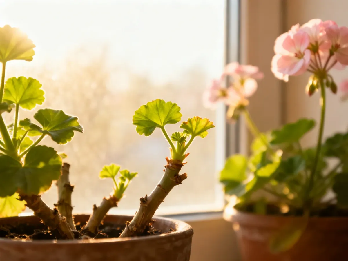 Pelargonie wypuszczające nowe pędy wiosną