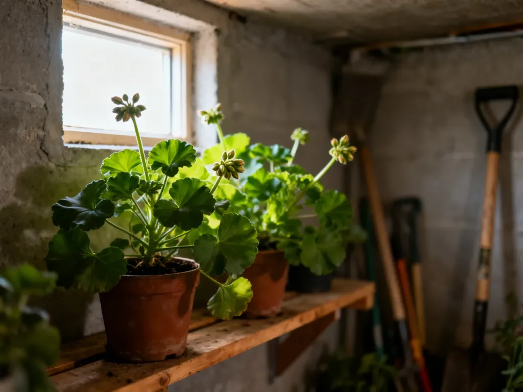 Zdrowe pelargonie w doniczkach ustawione na drewnianej półce w chłodnej, jasnej piwnicy, przygotowane do zimowania.
