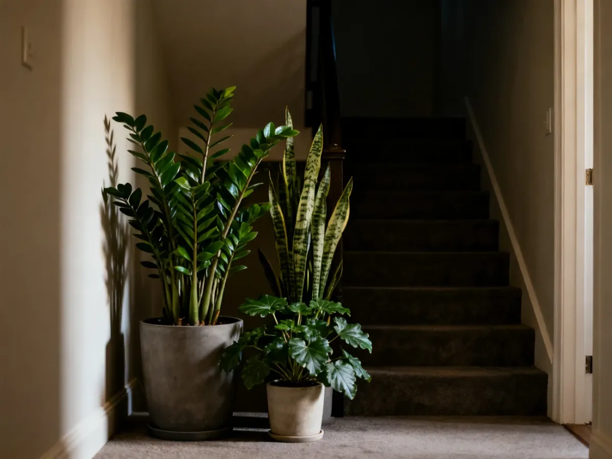 Zamiokulkas, sansewieria i aspidistra w zacienionym przedpokoju