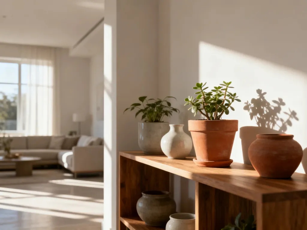 Różnorodne ceramiczne i terakotowe donice na drewnianej półce w jasnym, nowoczesnym salonie.