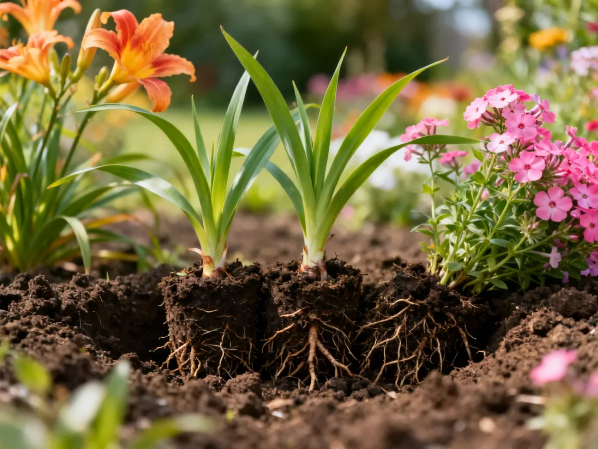 Świeżo posadzone sadzonki liliowców i floksów