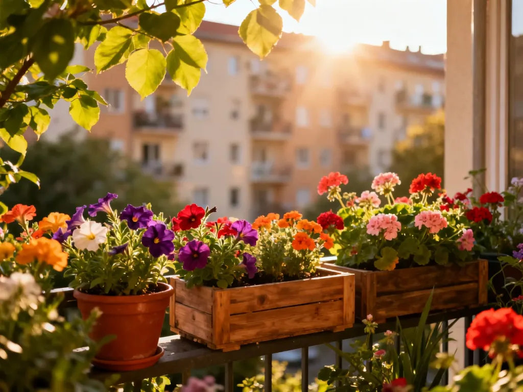 Bujny balkon pełen kolorowych kwiatów w donicach, tworzący przytulną i kwitnącą przestrzeń w miejskim otoczeniu.