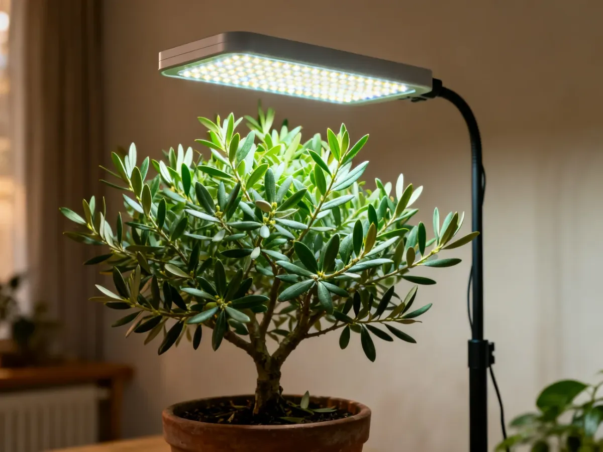 Oliwka doświetlana lampą LED w mieszkaniu