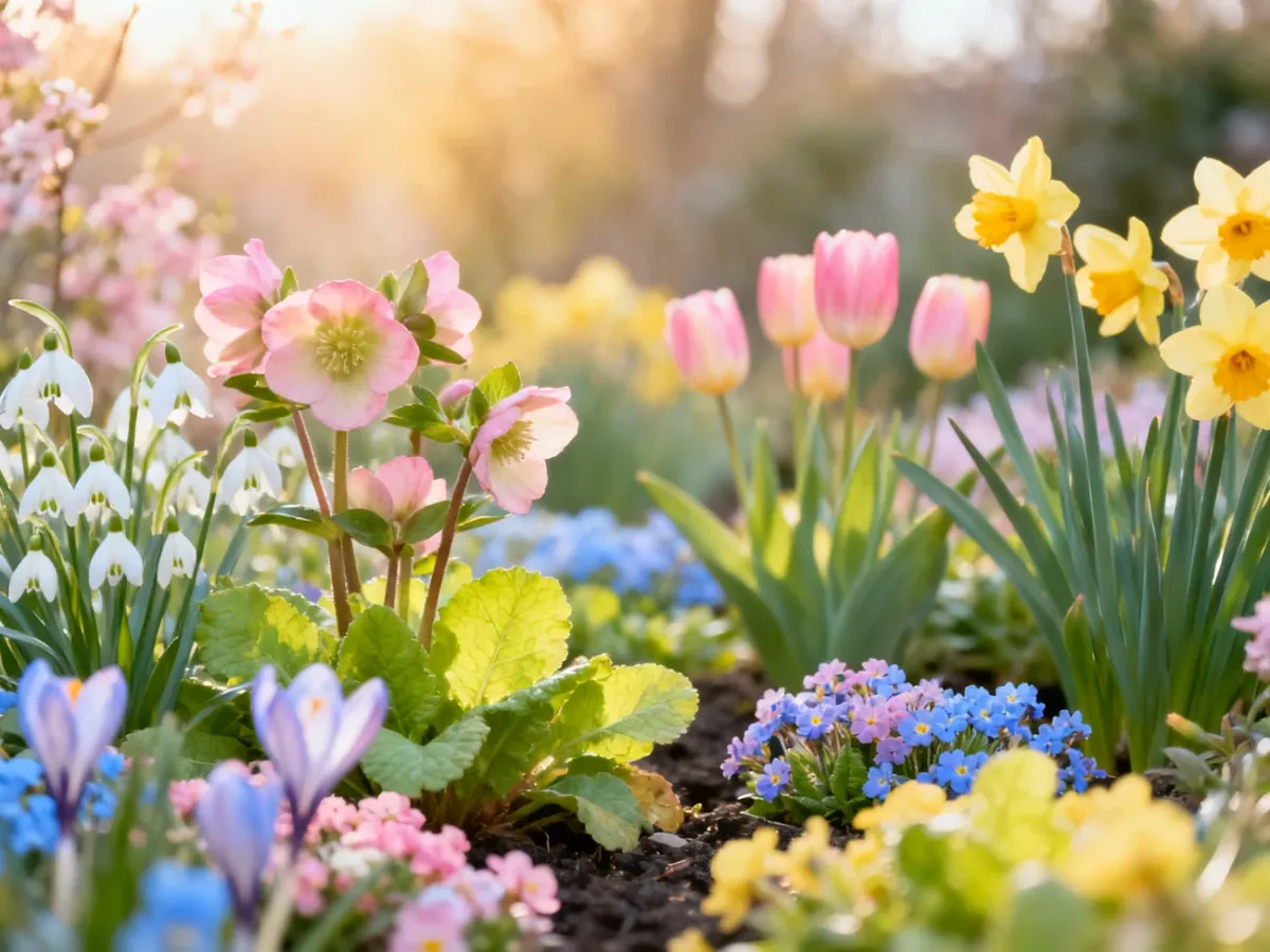 Wiosenna rabata z krokusami, tulipanami, narcyzami i niskimi bylinami