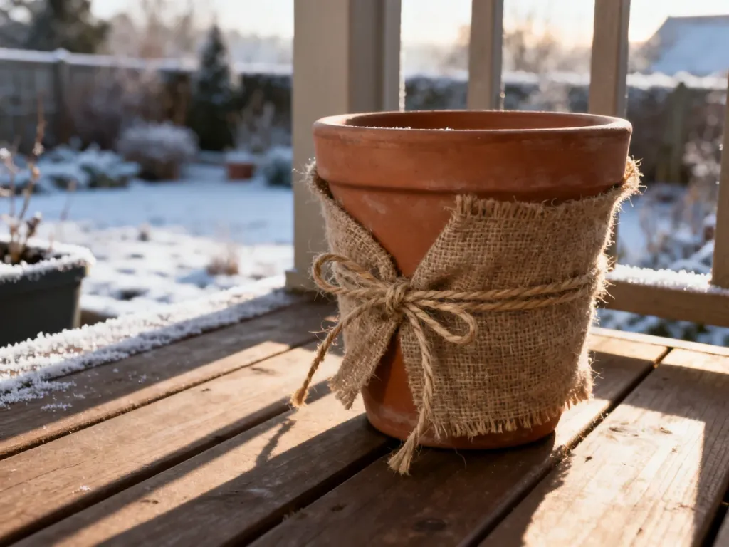 Ceramiczne donice owinięte jutą i sznurkiem na drewnianym balkonie, przygotowane do ochrony roślin przed zimowym mrozem.