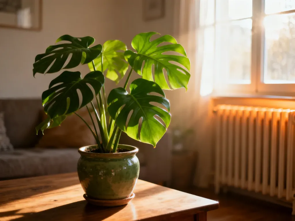 Zdrowa monstera w ceramicznej doniczce na drewnianym stole w przytulnym, nasłonecznionym salonie z widocznym grzejnikiem.